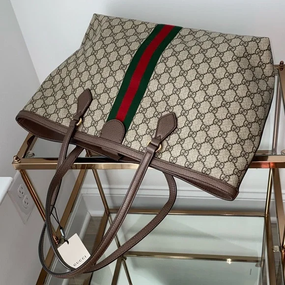 Gucci Beige Monogram Tote with Green and Red Web Stripe and Brown Trim - Picture 3 of 16